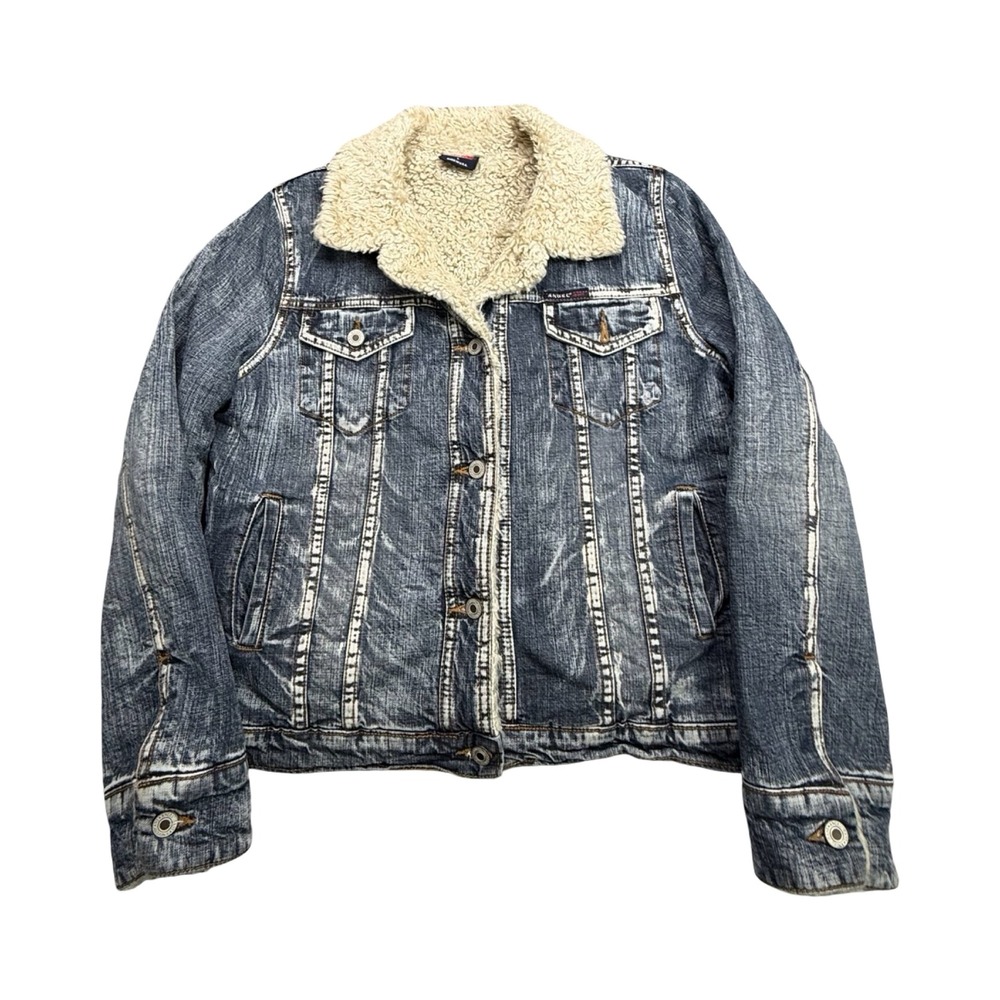 Angel Jeans Denim Jacket Womens L Blue Acid Wash Sherpa Lined Cotton USA Vintage